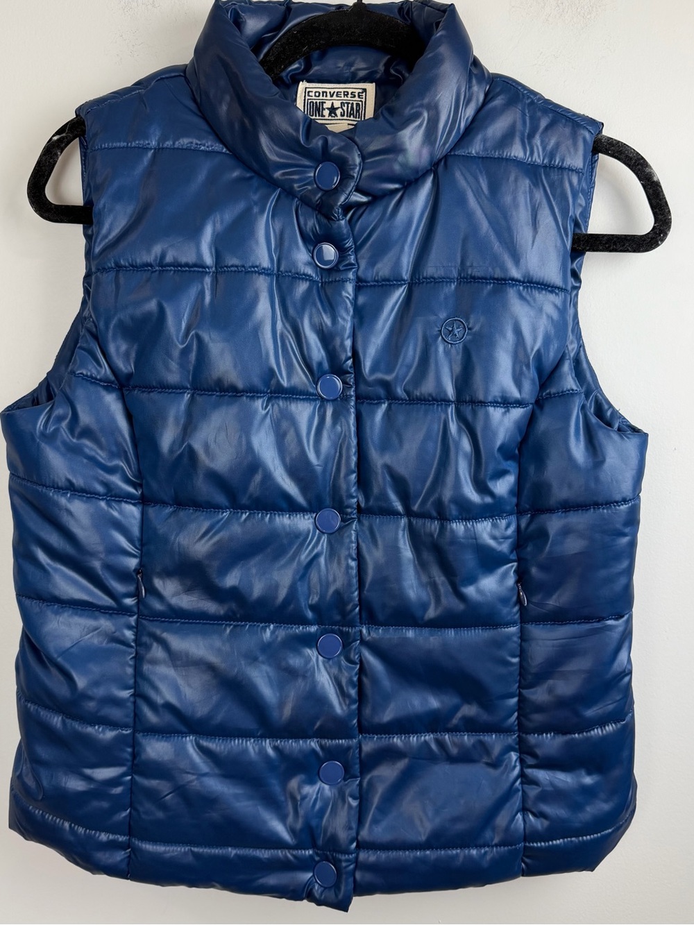 Converse One Star Blue Puffer Vest Snap Front Closure Logo Side Pockets Size M